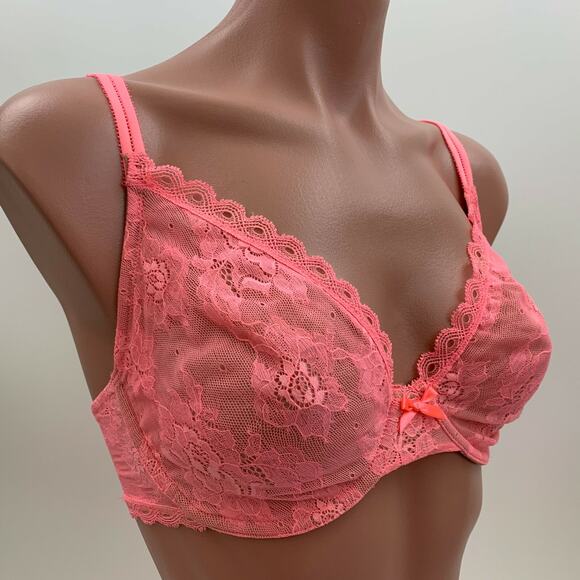 Victoria's Secret Underwire Unlined Lace Semi Demi Bra Neon Pink Size 32DD - Picture 4 of 8